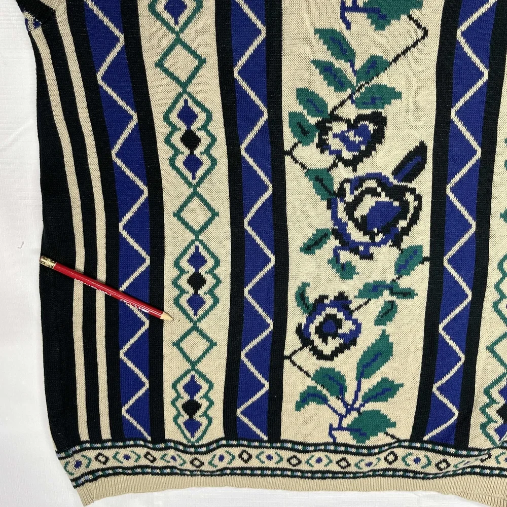 Vintage Liz & Co Cotton Womens Multicolor Floral Roses Knit Crewneck Sweater Med - Picture 9 of 12